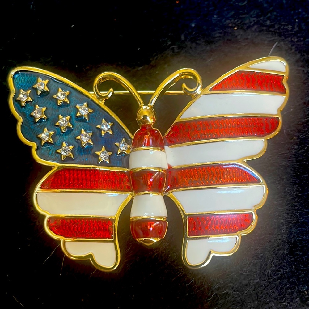 Joan Rivers Patriotic American Flag Butterfly Brooch Pin - Picture 2 of 5